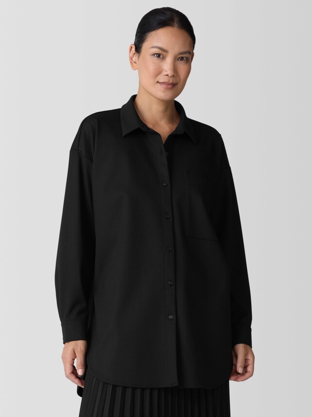 NWT Eileen Fischer Black Classic Collar Ponte Button-Up Shirt Women's Sz Medium